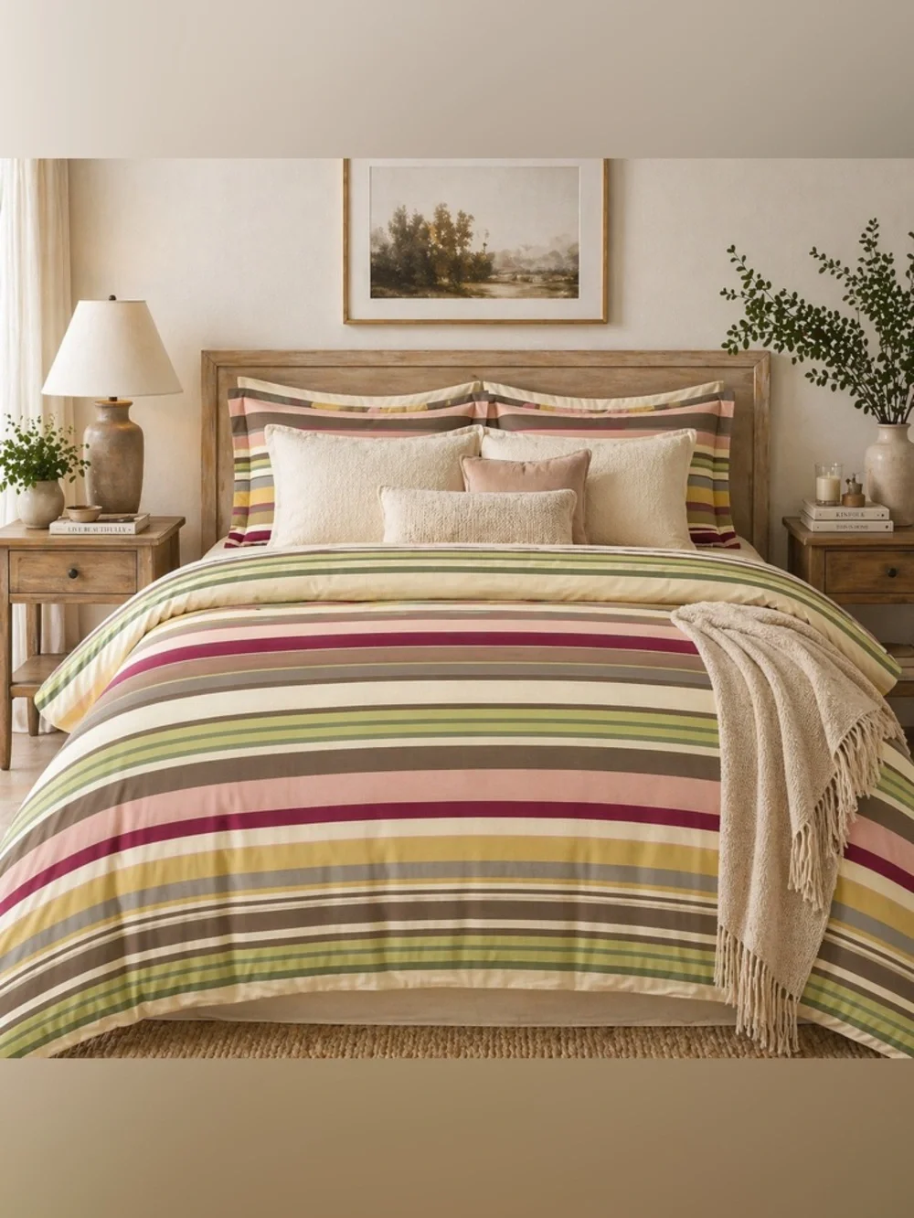 Pottery Barn Queen Cotton Duvet Cover Neutral Multi Stripe Cottage Chic